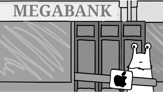 Connected Cards: Open Banking, closed banking - image of thing stood outside a closed bank holding its apple pay device.