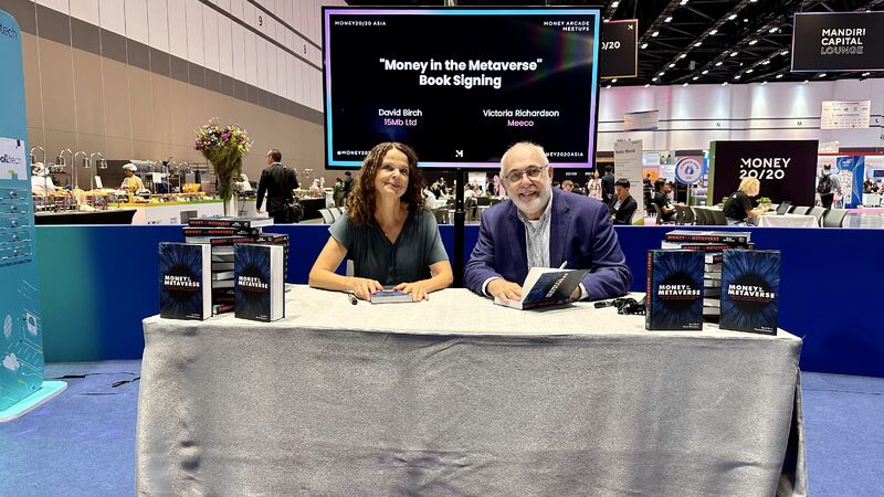 David and Victoria signing their new book Money in the Metaverse - Digital Assets, Online Identities, Spatial Computing and Why Virtual Worlds Mean Real Business!