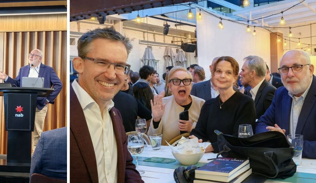 2 images: Left - Dave stood in front of NAB podium giving talk Right - Dave with Brad Carr, Deborah Young and Victoria Richardson