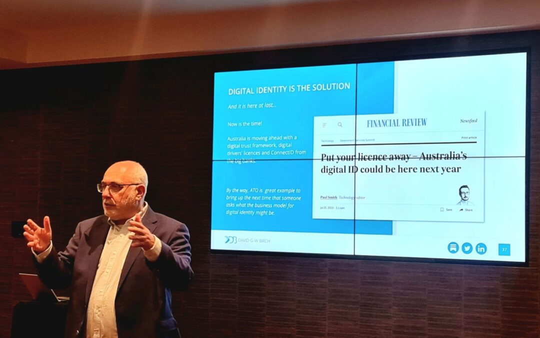 Image of David Birch presenting with a slide shown in the background entitled Digital Identity at the Payments NZ Strategy Session