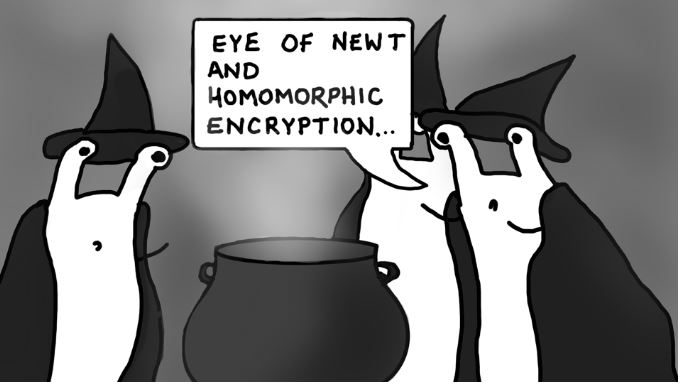 Apple’s New Encryption Tool Is Important: 3 characters dressed as witches standing around a cauldron - one says 'Eye of newt and homomorphic encryption'