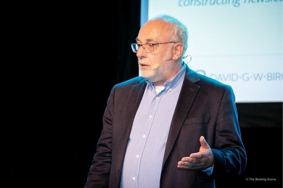 Speaker 1 David Birch educating on stage at The Banking Scene Event