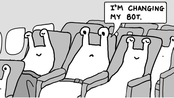 Speaker 10 Will Robots Need Credit Cards? - The Rise of Agentic Commerce and What it Means for Digital Finance: Image of cartoon people sitting in a plane with speech bubble: I'm changing my bot.<br />