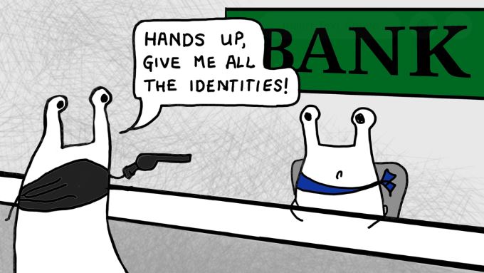 Speaker 9 Know your agent (KYA): New Approaches to Digital Identity in the Era of AI: image of robber holding bank teller at gun point with speech bubble: Hands up, give me all your identities!