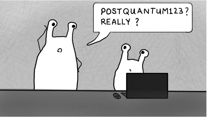Speaker 8 Five Key Technology Drivers in Digital Financial Services - AI, Digital Identity, Tokensiation, The Metaverse & Quantum Computing: image f two things talking to each other, one rubbing its head with speech bubble: Postquantum123? Really?