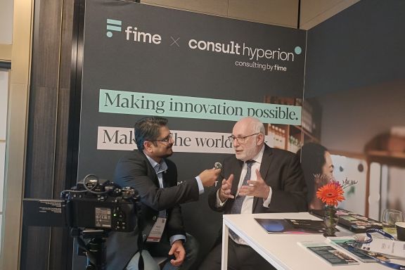 Majid Mahmood, host of The Executives podcast interviweing David at the Fime x Consult Hyperion stand