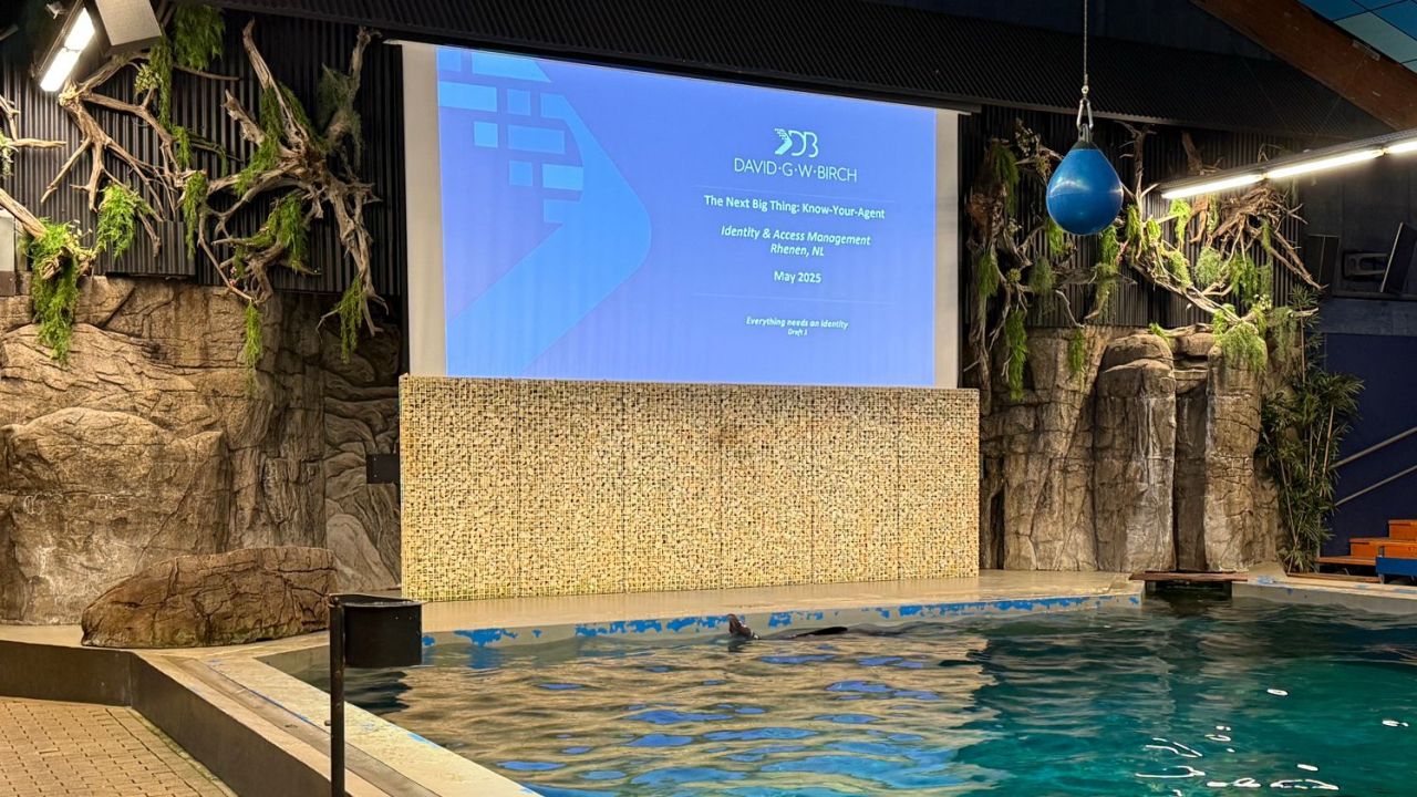 KYA KYB KYC - Dutch IAM Conference. An image of the pool with a sea lion in with the title page of David's presentation above.