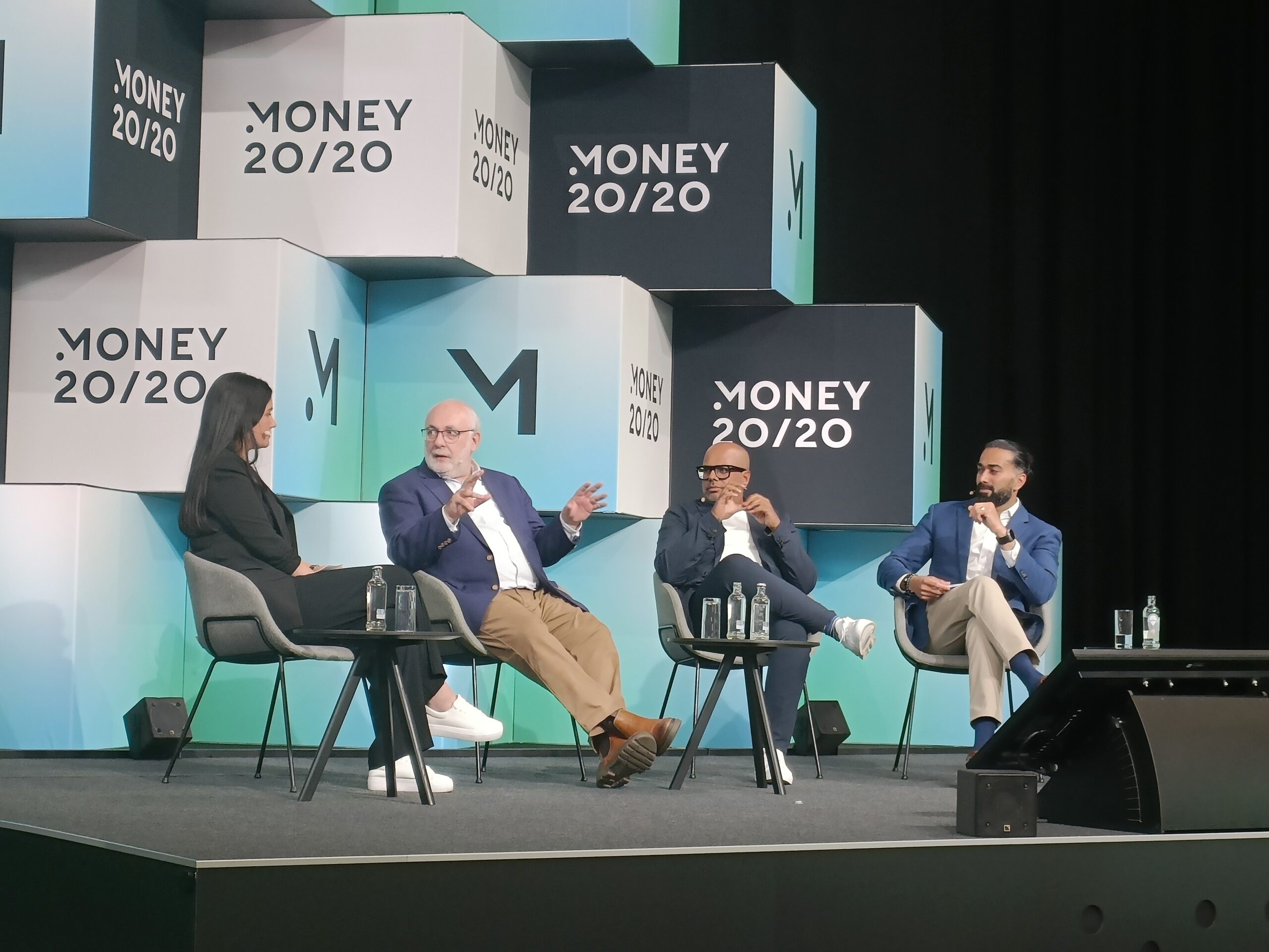 Panellist on stage at Money 20/20 Europe 2025 during the A 1 in 50 Story: Preventing Childhood Identity Theft session. David Birch sat on stage alongside fellow panellists. 