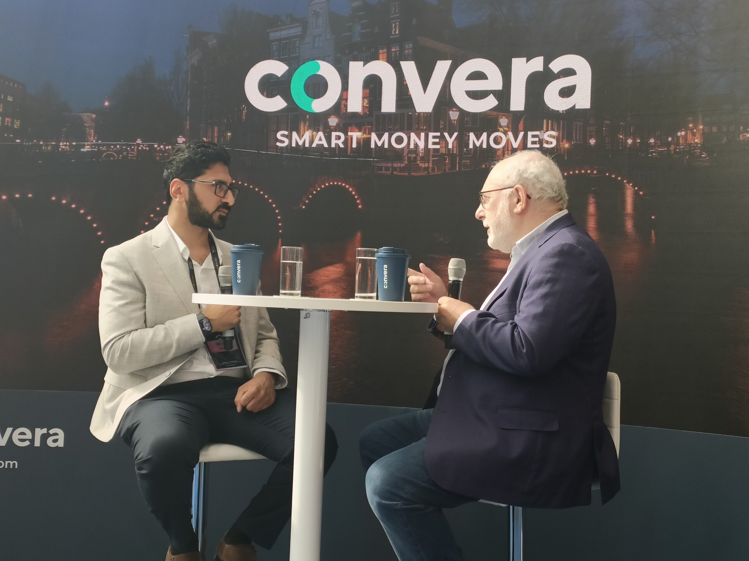 David Birch recording his stablecoins podcast with Akash Patel of Convera