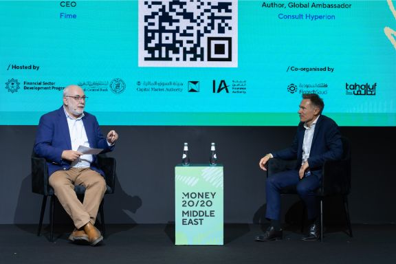 David Birch & Lionel Grosclaude on stage for their sessions: Rethinking Resilience in Modern Payment Systems at Money 20/20 Middle East 2025