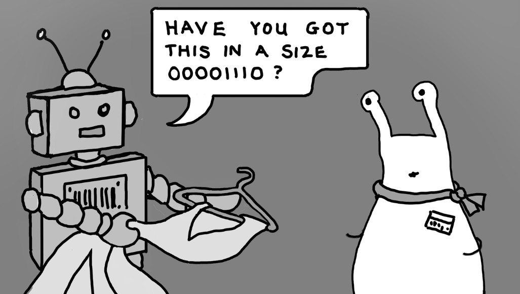 Speaker 5 Agentic ID: KYA - the Key to Agentic Finance. An image of a robot asking the blob if it has the dress in another size.