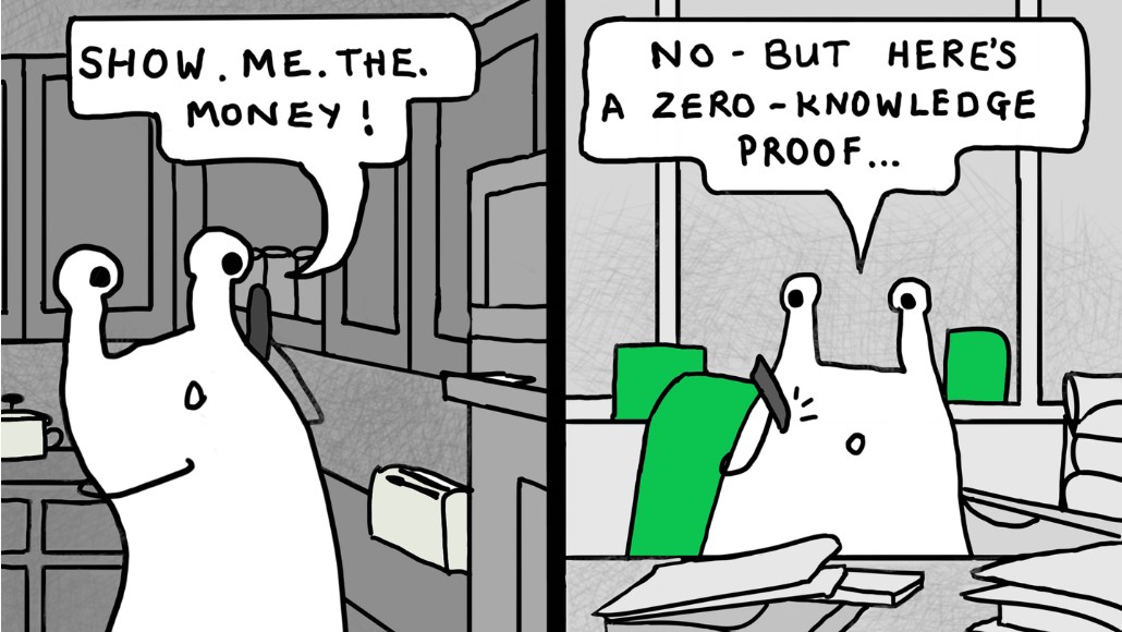 Speaker 7 Future CX. Your Banks AI Strategy is Wrong. Image of blob on phone saying 'show me the money!' with blob at the bank saying 'no - but here's a zero-knowledge proof...'