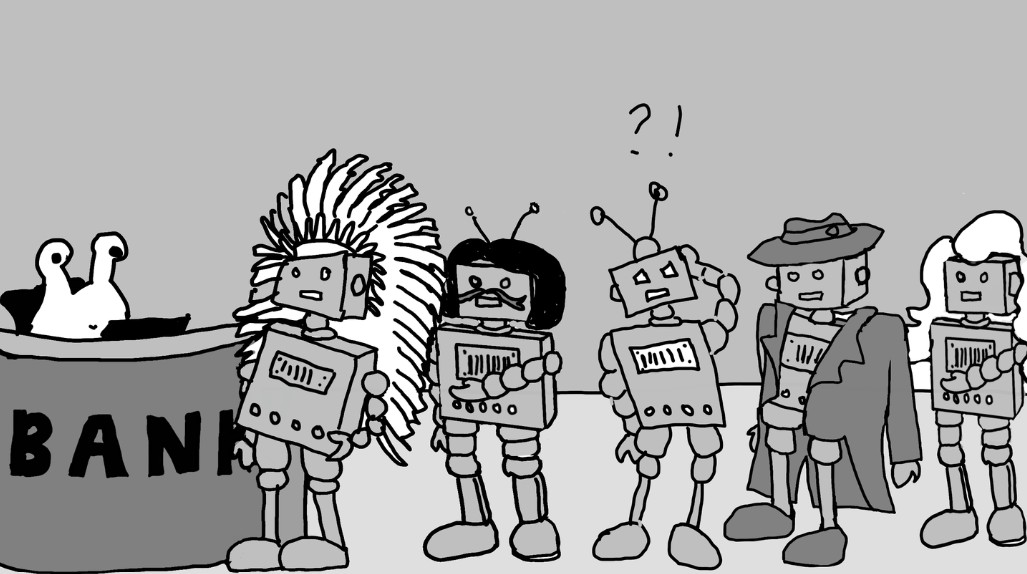 Speaker 6 They all look like people to me. What will Agentic Commerce Mean for Payments & Money. Image of a line of robots dressed up in different costumes queueing at the bank reception desk.
