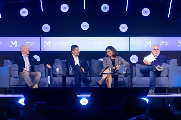 David Birch on stage at Money 20/20 Europe 2026 with old friends Leda Glyptis, Paul Weatherby and Breno Oliviera.