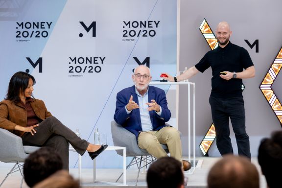 David Birch on stage at Money 20/20 Europe 2026 with Adrian Burgess of PPRO and Oceane Codjia of Coinbase.